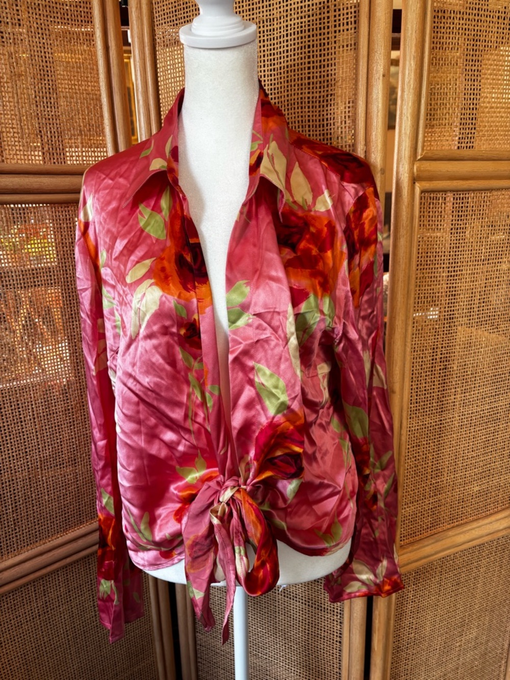 Pink Floral Silk Tie-Front Blouse